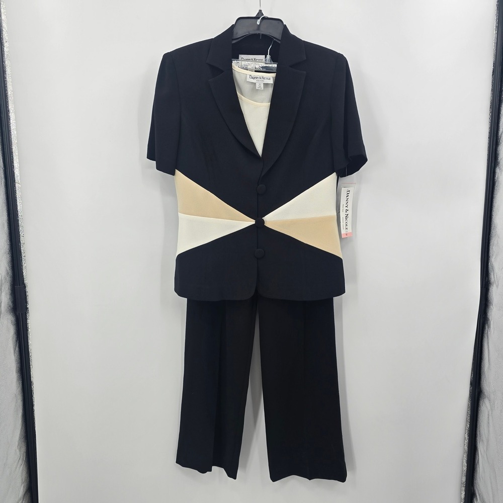NEW Danny & Nicole 3 Piece Pant Suit Black Colorblock Blazer Top Pants Size 10